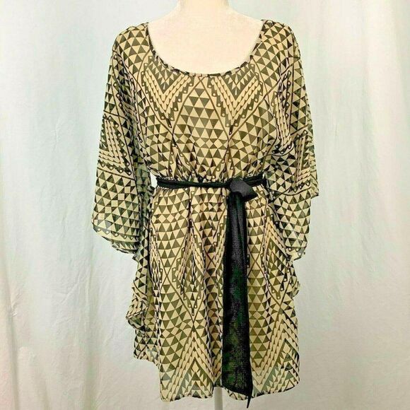As U Wish Geometric Print Dress L Tie Elastic Waist Dolman Sleeves Black Tan - Picture 1 of 6